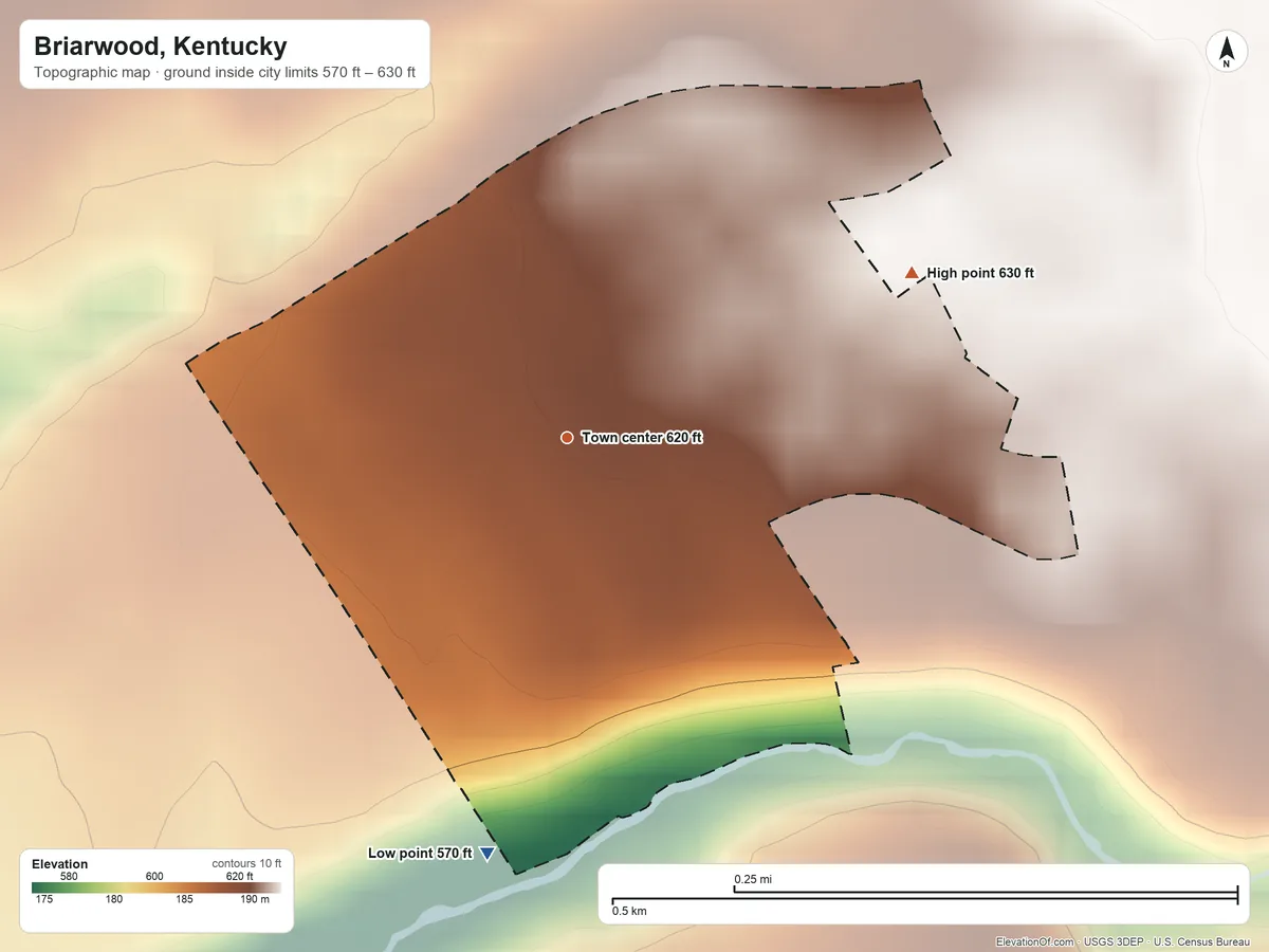 Topographic elevation map of Briarwood, Kentucky, shaded from 570 ft on the south side to 630 ft on the northeast side