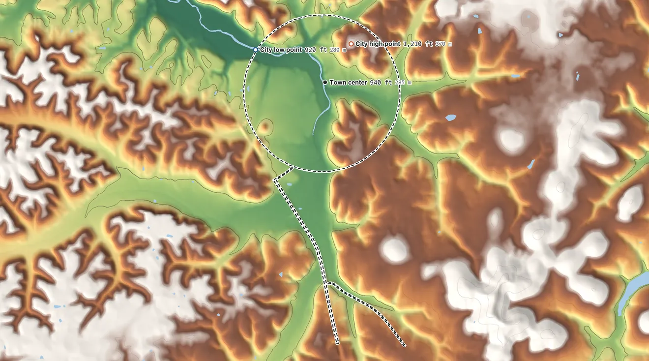 Topographic elevation map of Brodhead, Kentucky, shaded from 920 ft on the northwest side to 1,210 ft on the northeast side