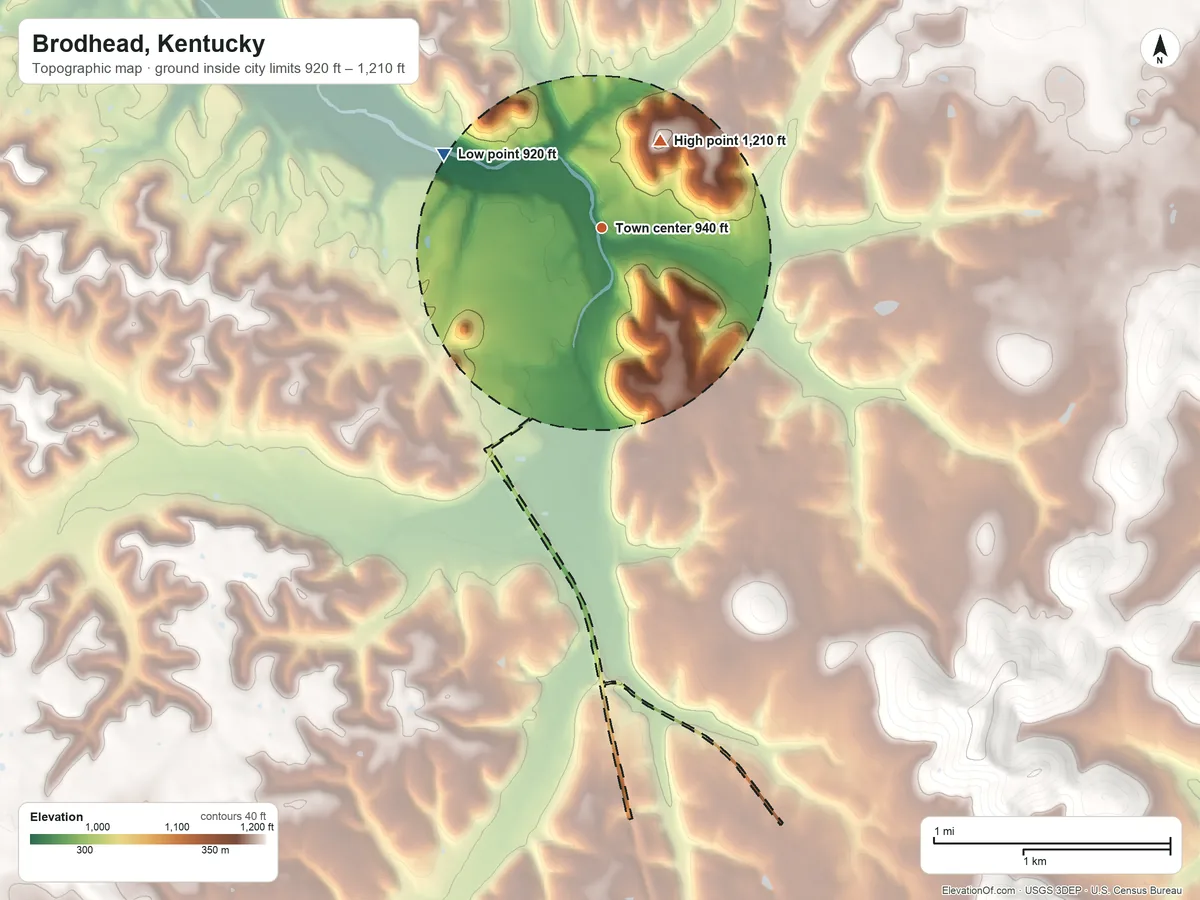 Topographic elevation map of Brodhead, Kentucky, shaded from 920 ft on the northwest side to 1,210 ft on the northeast side
