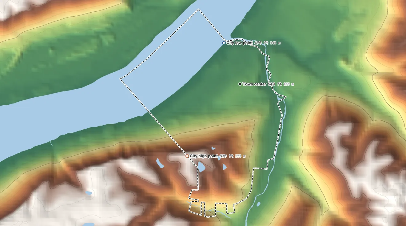 Topographic elevation map of Bromley, Kentucky, shaded from 470 ft on the north side to 830 ft on the southwest side
