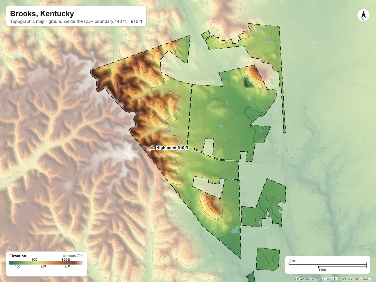 Topographic elevation map of Brooks, Kentucky, shaded from 440 ft on the south side to 910 ft on the southwest side