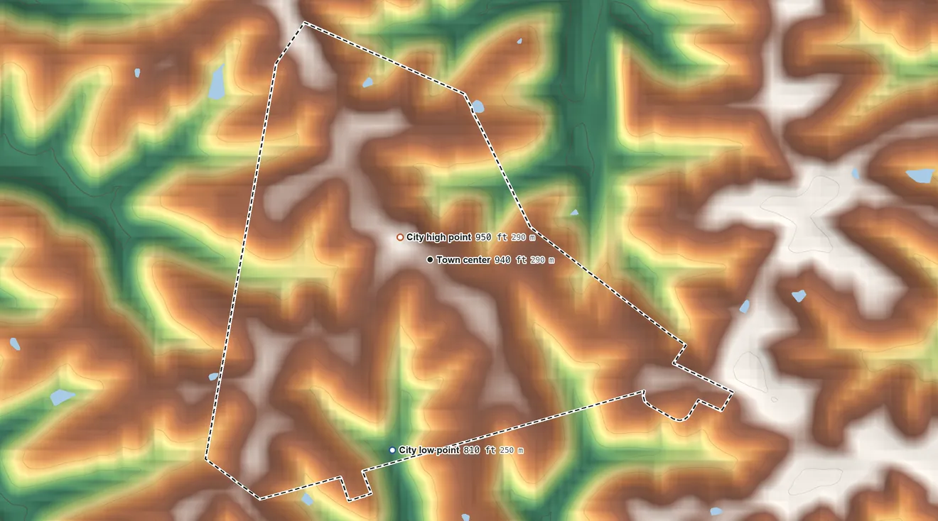 Topographic elevation map of Brooksville, Kentucky, shaded from 810 ft on the south side to 950 ft near the middle