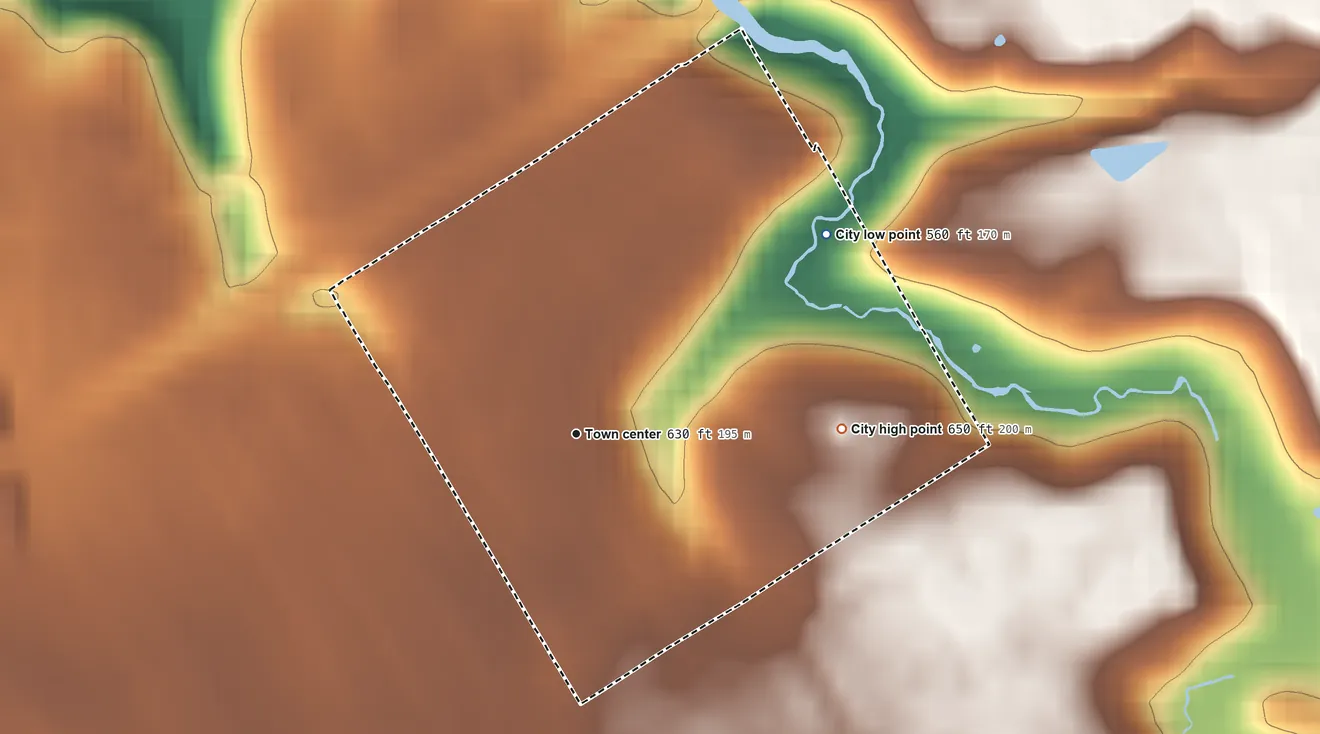 Topographic elevation map of Brownsboro Farm, Kentucky, shaded from 560 ft on the northeast side to 650 ft on the east side