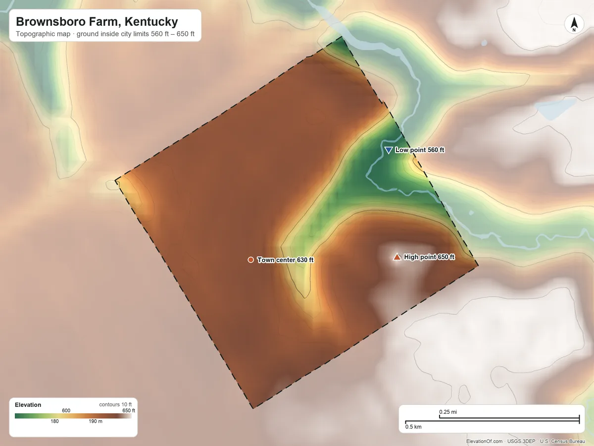 Topographic elevation map of Brownsboro Farm, Kentucky, shaded from 560 ft on the northeast side to 650 ft on the east side
