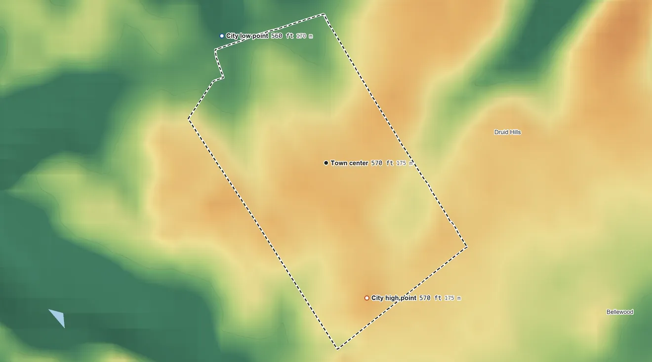 Topographic elevation map of Brownsboro Village, Kentucky, shaded from 560 ft on the northwest side to 570 ft on the south side