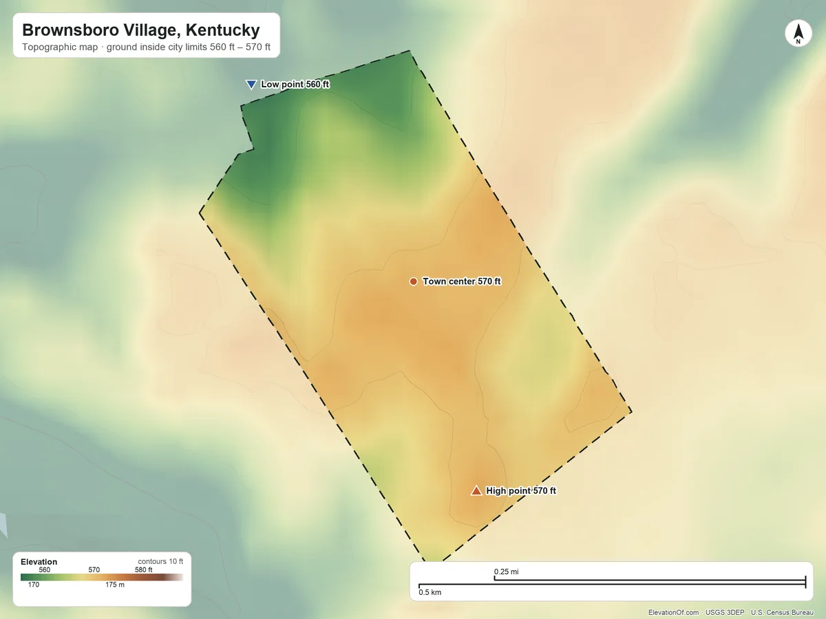 Topographic elevation map of Brownsboro Village, Kentucky, shaded from 560 ft on the northwest side to 570 ft on the south side