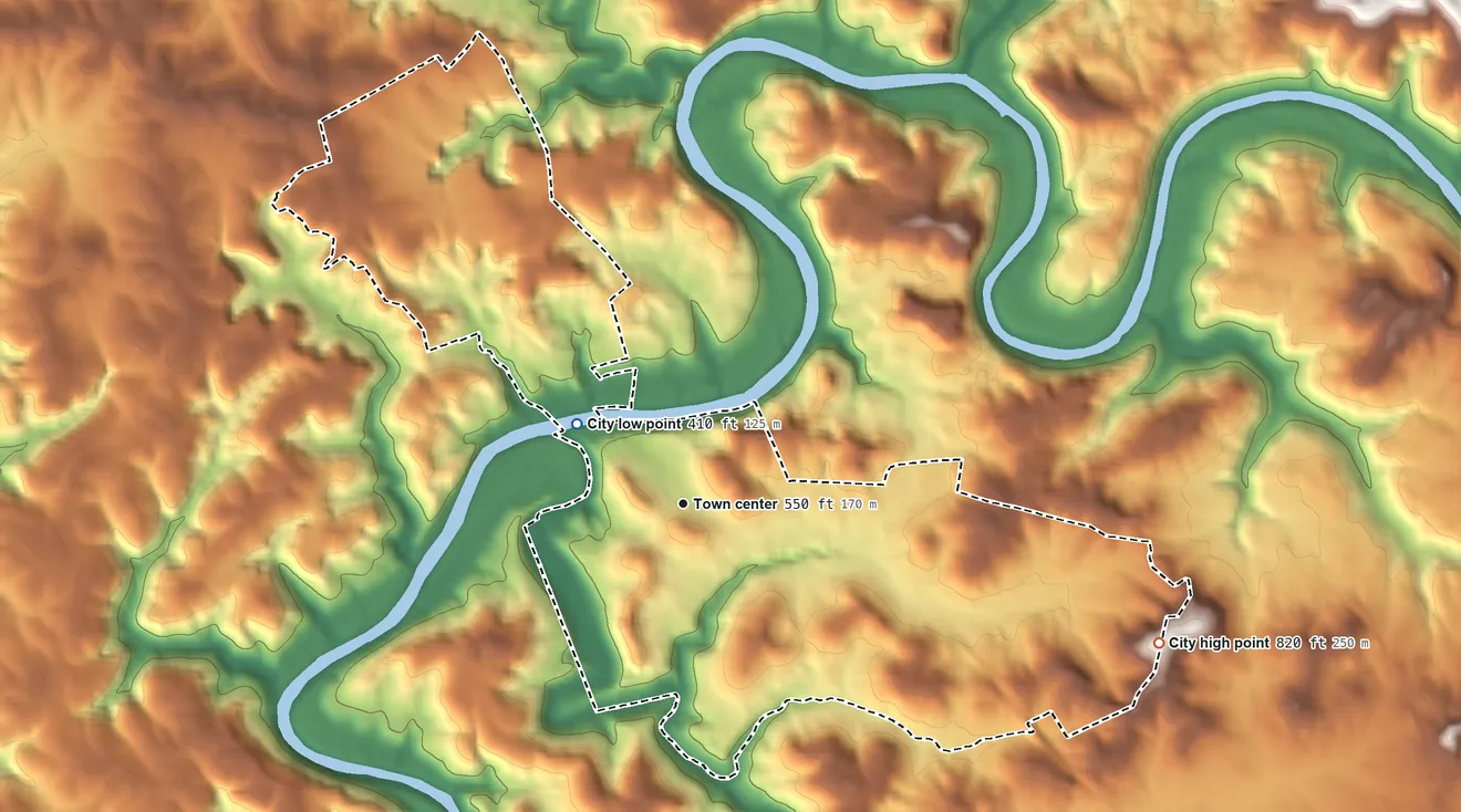 Topographic elevation map of Brownsville, Kentucky, shaded from 410 ft on the northwest side to 820 ft on the east side