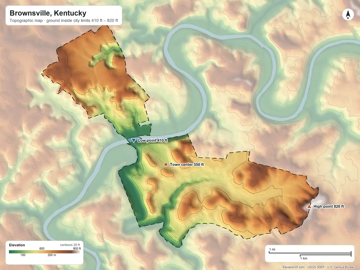 Topographic elevation map of Brownsville, Kentucky, shaded from 410 ft on the northwest side to 820 ft on the east side