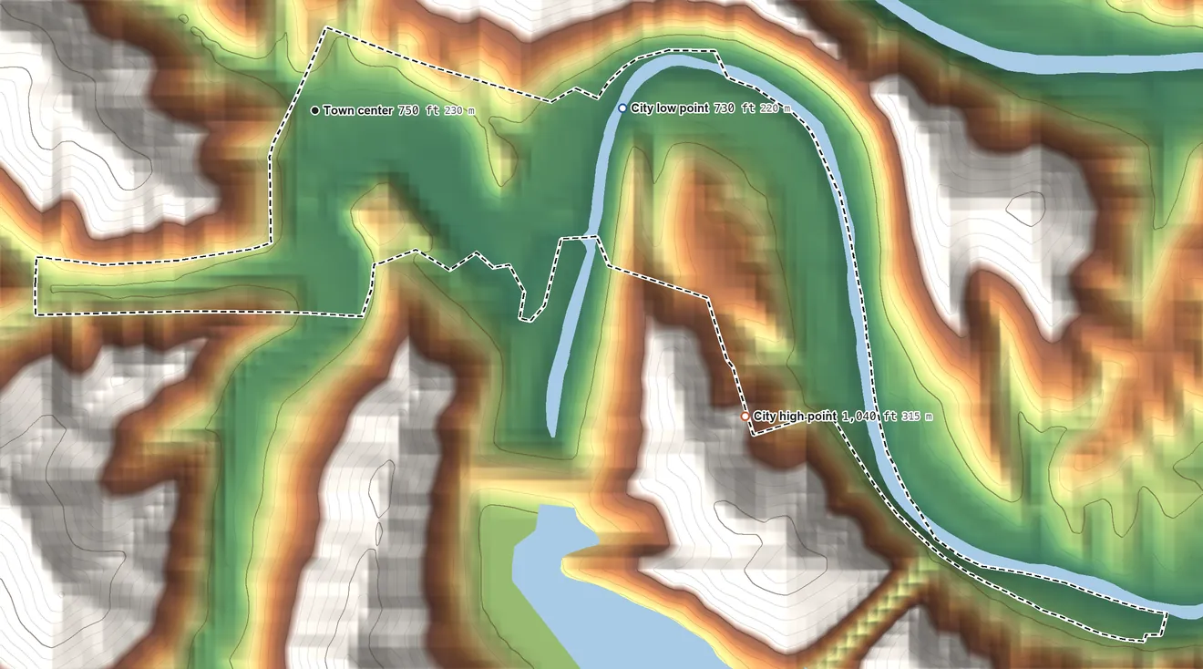 Topographic elevation map of Buckhorn, Kentucky, shaded from 730 ft on the east side to 1,040 ft on the southeast edge, below higher ground just outside