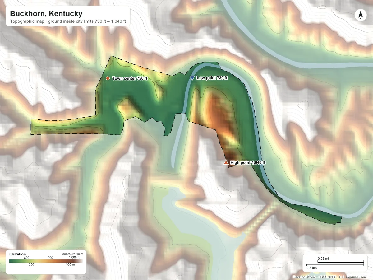Topographic elevation map of Buckhorn, Kentucky, shaded from 730 ft on the east side to 1,040 ft on the southeast edge, below higher ground just outside