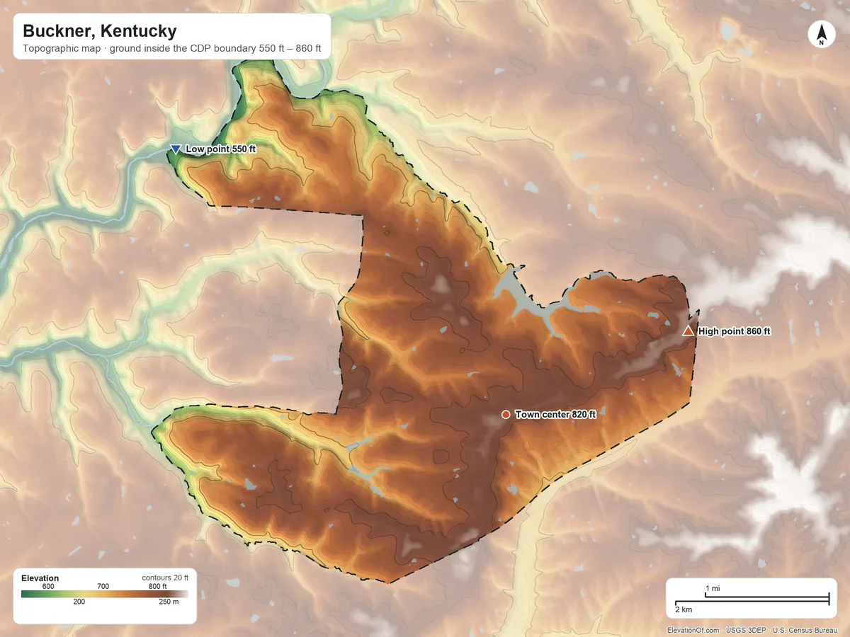 Topographic elevation map of Buckner, Kentucky, shaded from 550 ft on the northwest side to 860 ft on the northeast side