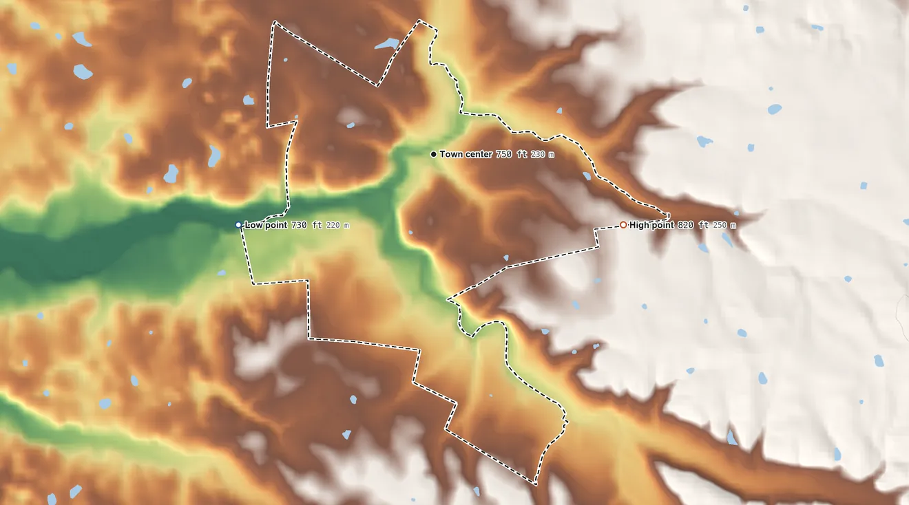 Topographic elevation map of Buffalo, Kentucky, shaded from 730 ft on the west side to 820 ft on the east side
