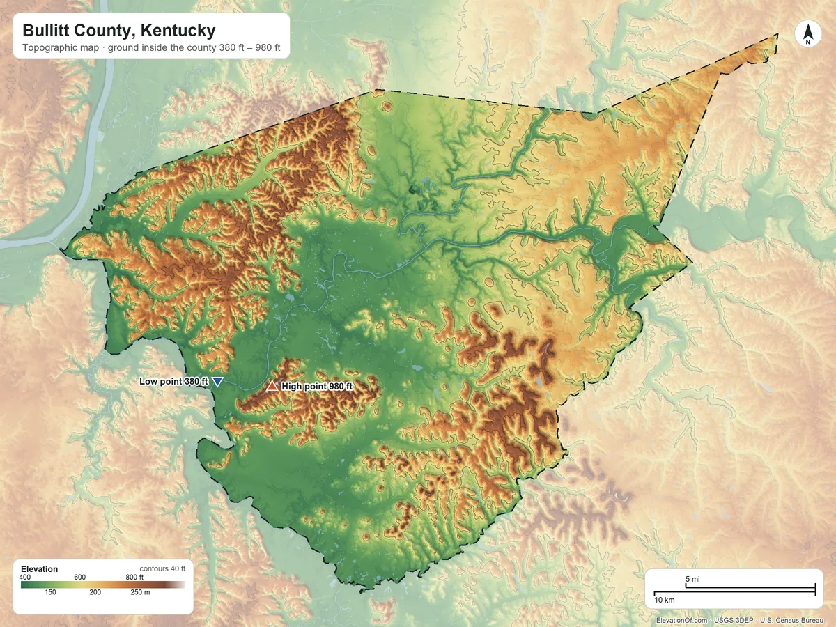 Topographic elevation map of Bullitt County, Kentucky, shaded from 380 ft on the west side to 980 ft on Dawson Knob
