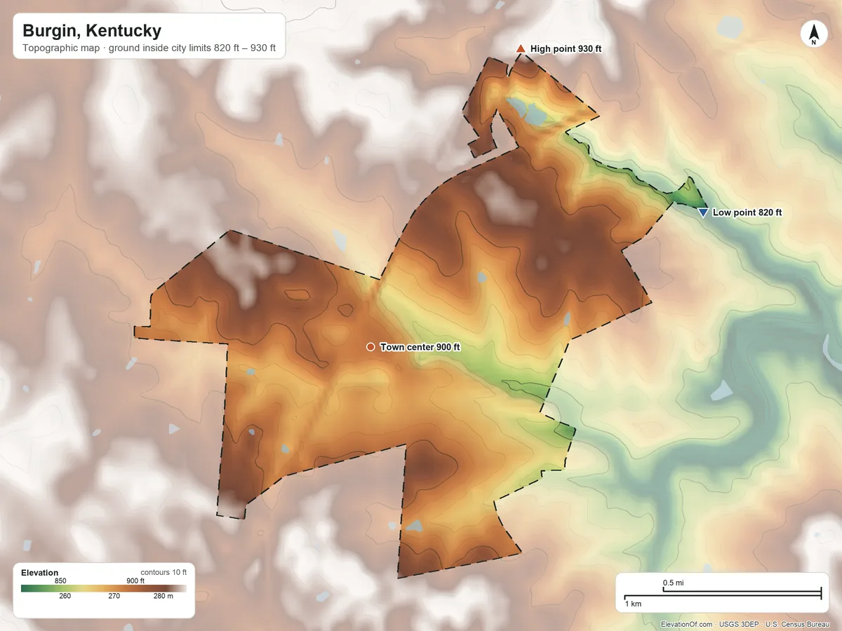 Topographic elevation map of Burgin, Kentucky, shaded from 820 ft on the east side to 930 ft on the northeast side