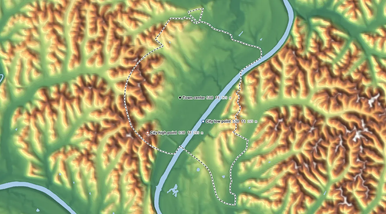 Topographic elevation map of Burkesville, Kentucky, shaded from 530 ft on the southeast side to 930 ft on the southwest side