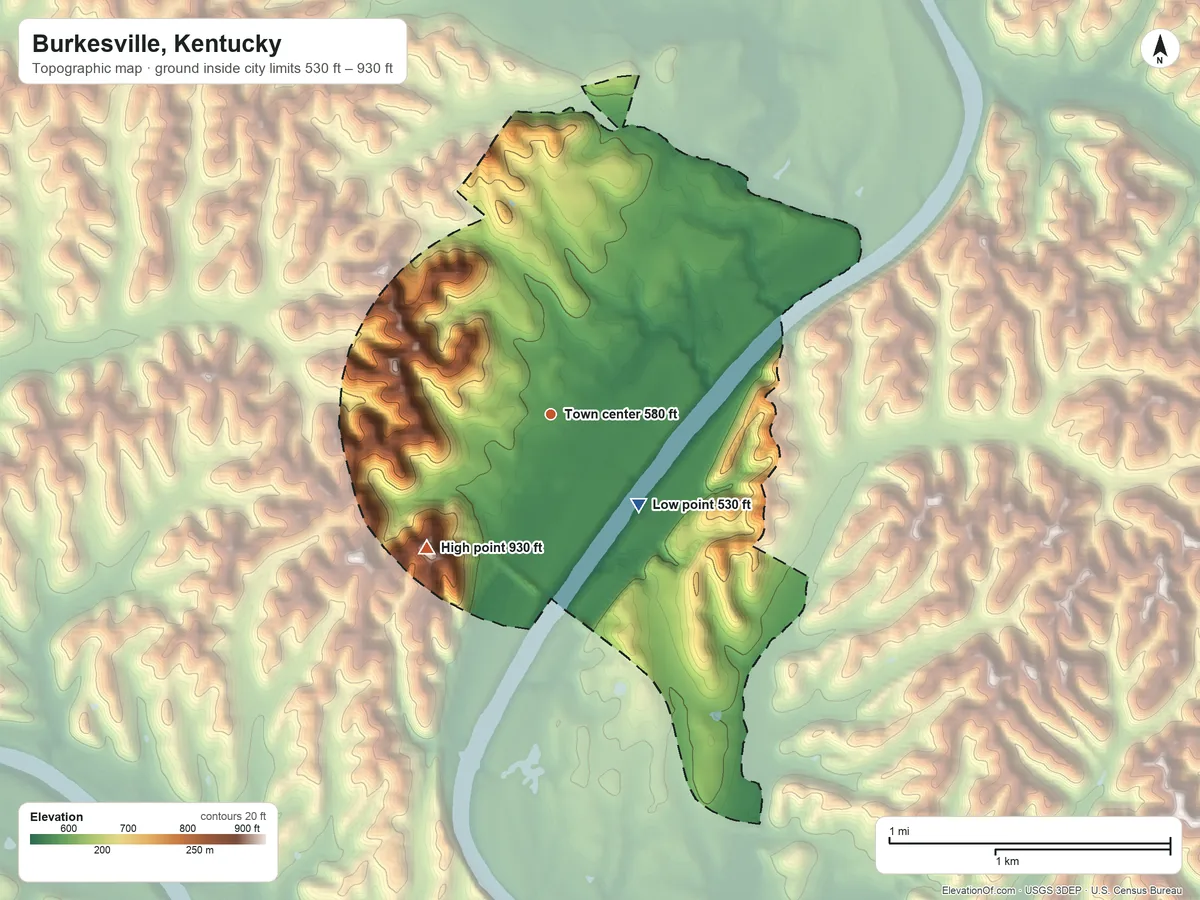 Topographic elevation map of Burkesville, Kentucky, shaded from 530 ft on the southeast side to 930 ft on the southwest side