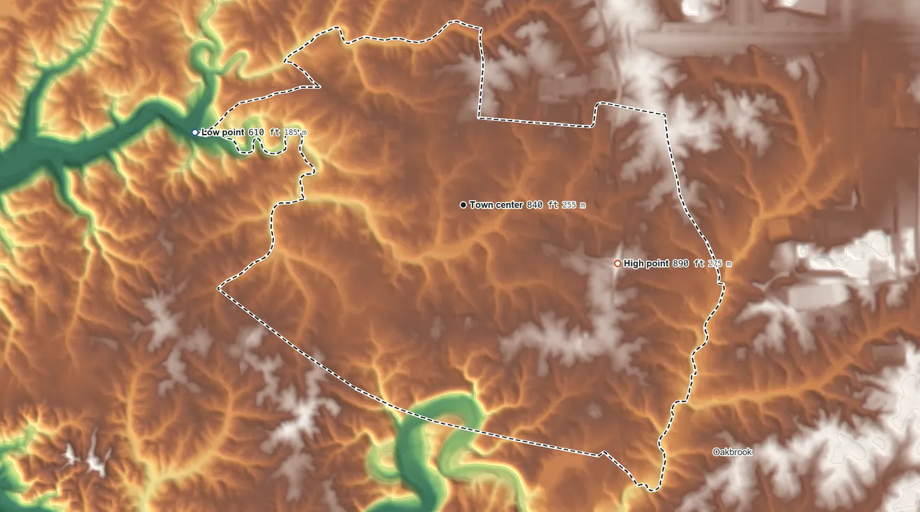 Topographic elevation map of Burlington, Kentucky, shaded from 610 ft on the west side to 890 ft on the east side