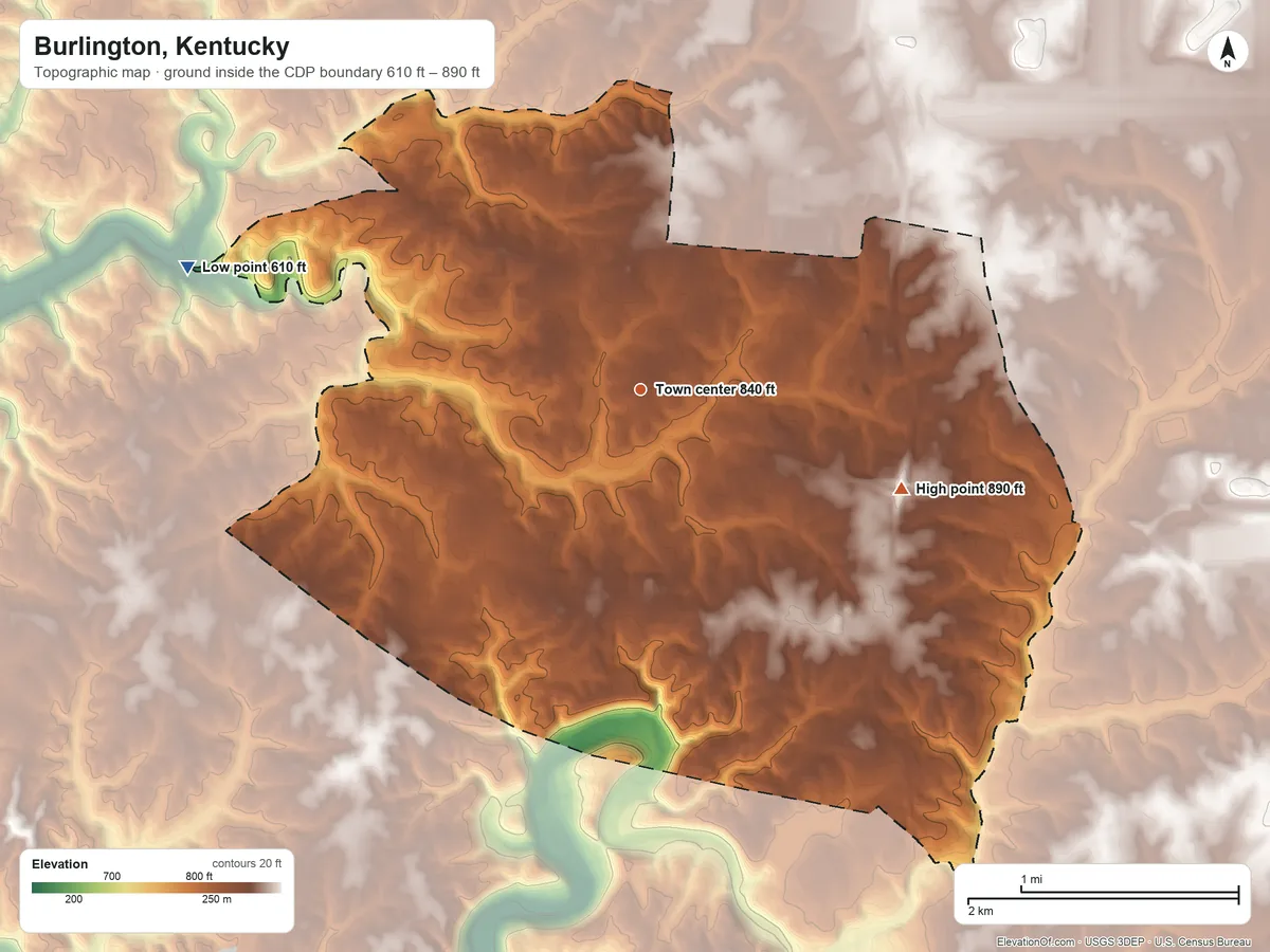 Topographic elevation map of Burlington, Kentucky, shaded from 610 ft on the west side to 890 ft on the east side