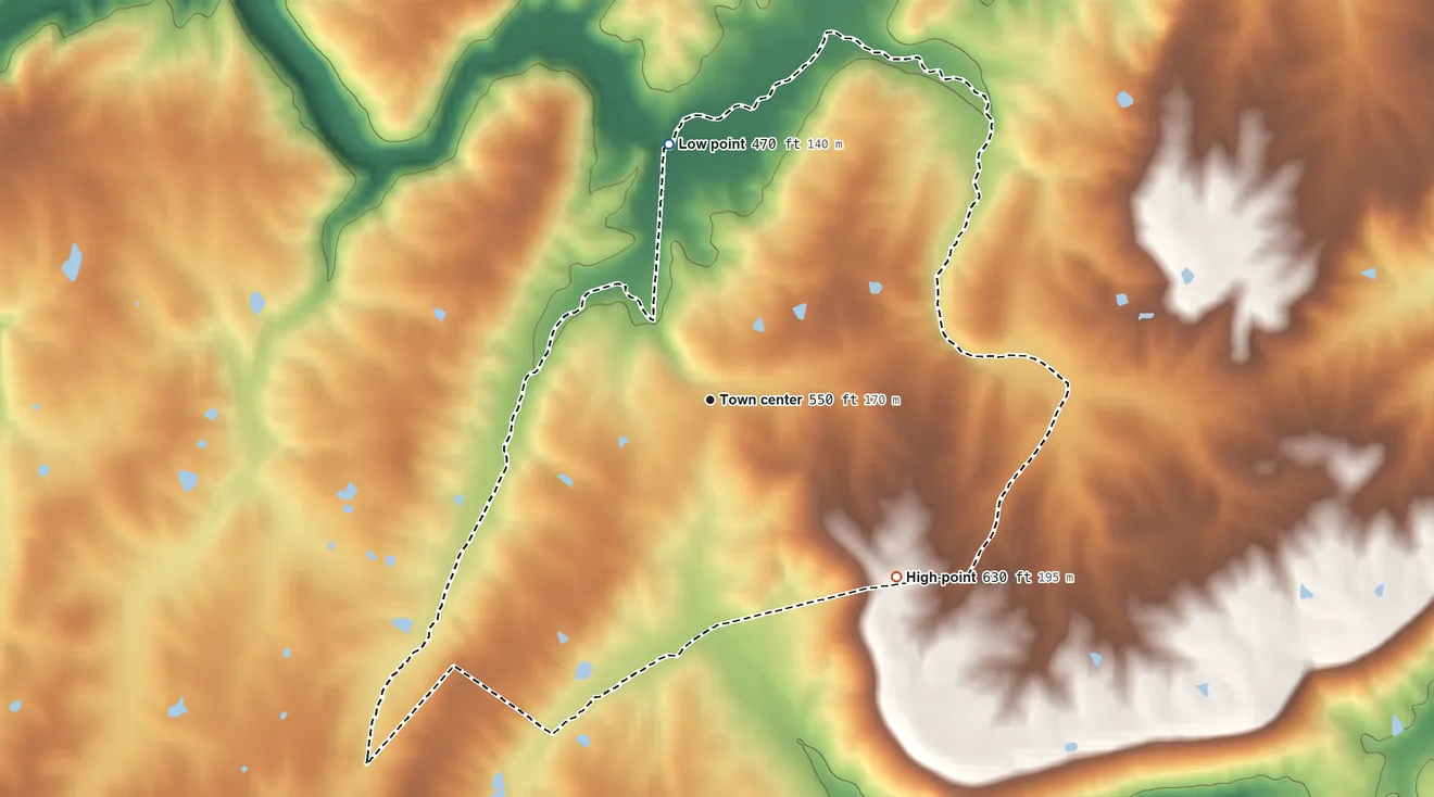 Topographic elevation map of Burna, Kentucky, shaded from 470 ft on the north side to 630 ft on the southeast side