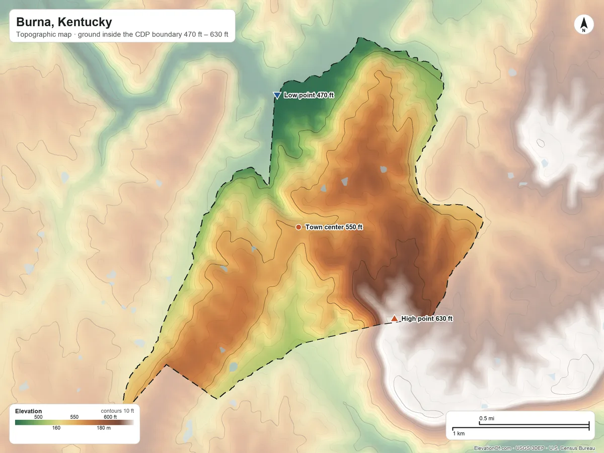 Topographic elevation map of Burna, Kentucky, shaded from 470 ft on the north side to 630 ft on the southeast side