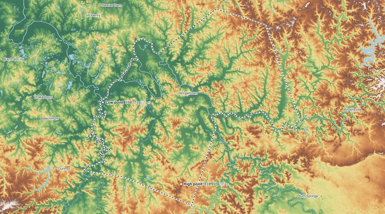 Topographic elevation map of Butler County, Kentucky, shaded from 390 ft on the west side to 810 ft on Peach Orchard Knob