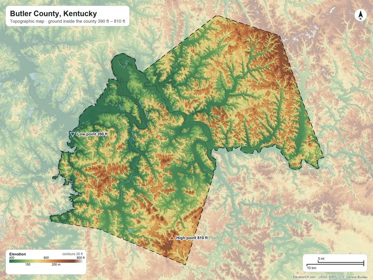 Topographic elevation map of Butler County, Kentucky, shaded from 390 ft on the west side to 810 ft on Peach Orchard Knob