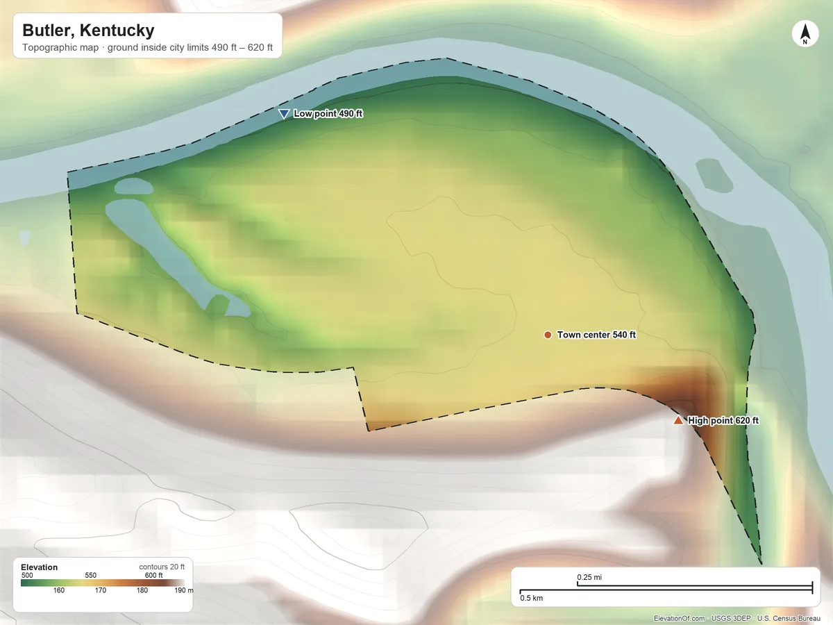 Topographic elevation map of Butler, Kentucky, shaded from 490 ft on the northwest side to 620 ft on the southeast side
