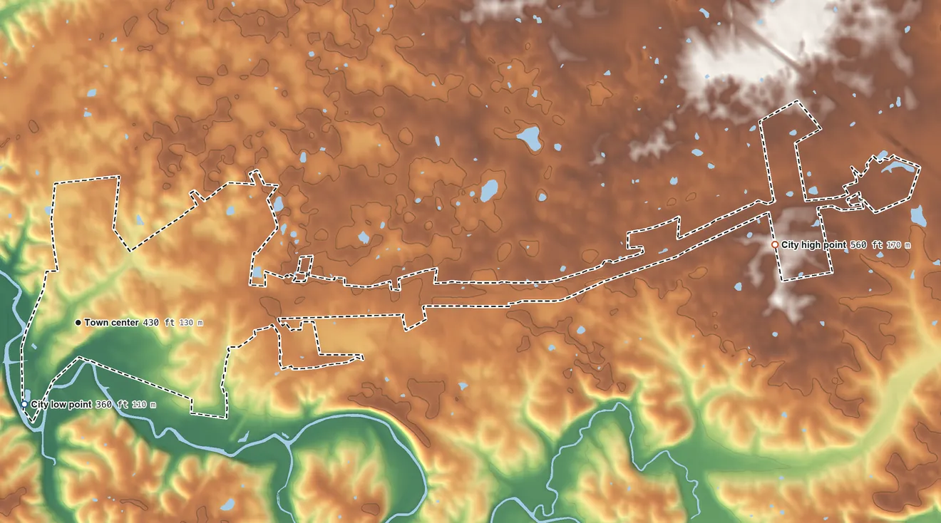 Topographic elevation map of Cadiz, Kentucky, shaded from 360 ft on the southwest side to 560 ft on the east side