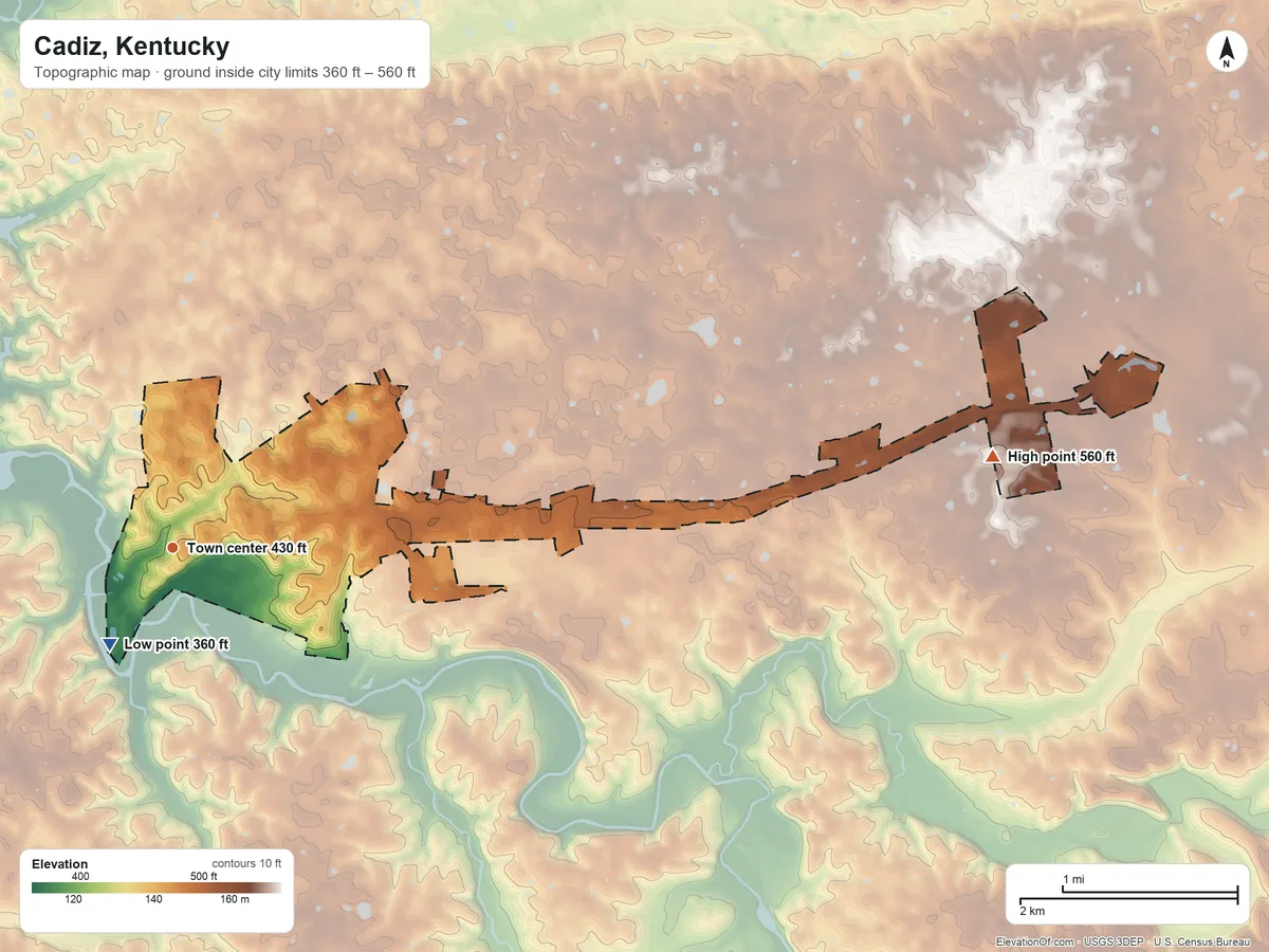 Topographic elevation map of Cadiz, Kentucky, shaded from 360 ft on the southwest side to 560 ft on the east side
