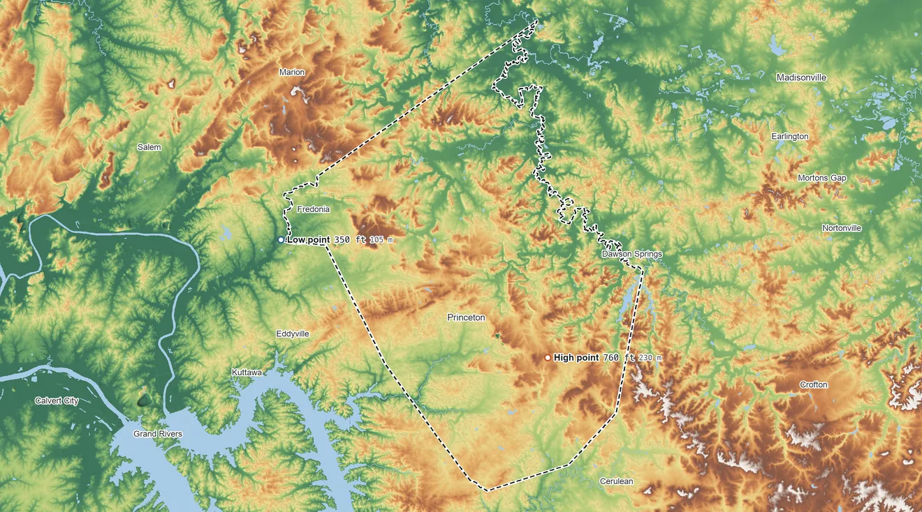 Topographic elevation map of Caldwell County, Kentucky, shaded from 350 ft on the west side to 760 ft on Bald Knob