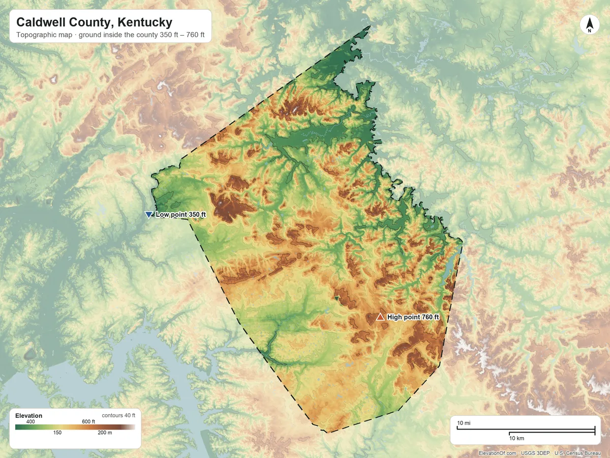 Topographic elevation map of Caldwell County, Kentucky, shaded from 350 ft on the west side to 760 ft on Bald Knob