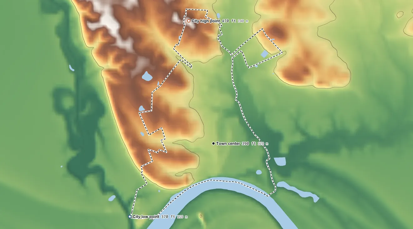 Topographic elevation map of Calhoun, Kentucky, shaded from 370 ft on the southwest side to 470 ft on the north side