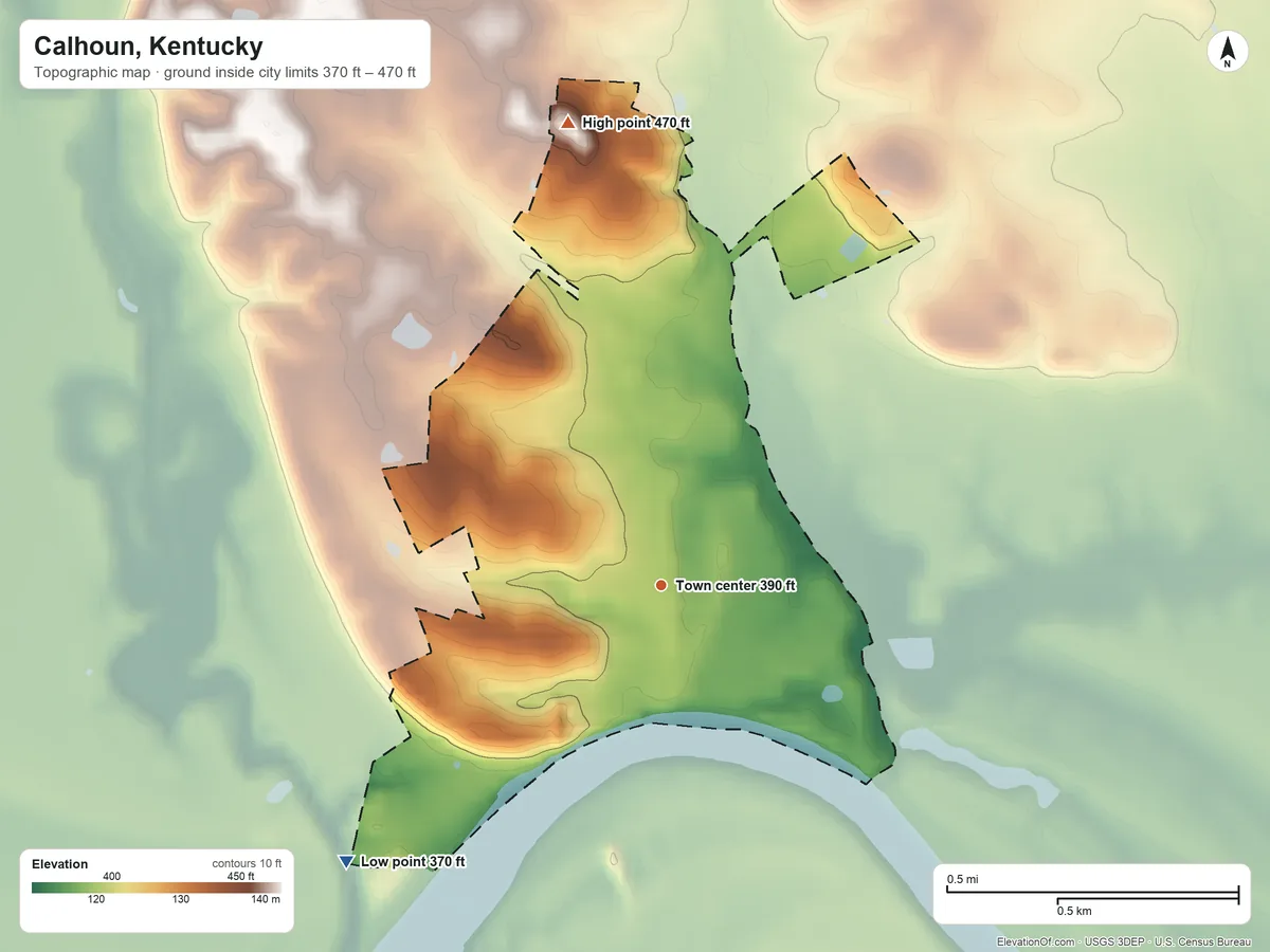 Topographic elevation map of Calhoun, Kentucky, shaded from 370 ft on the southwest side to 470 ft on the north side