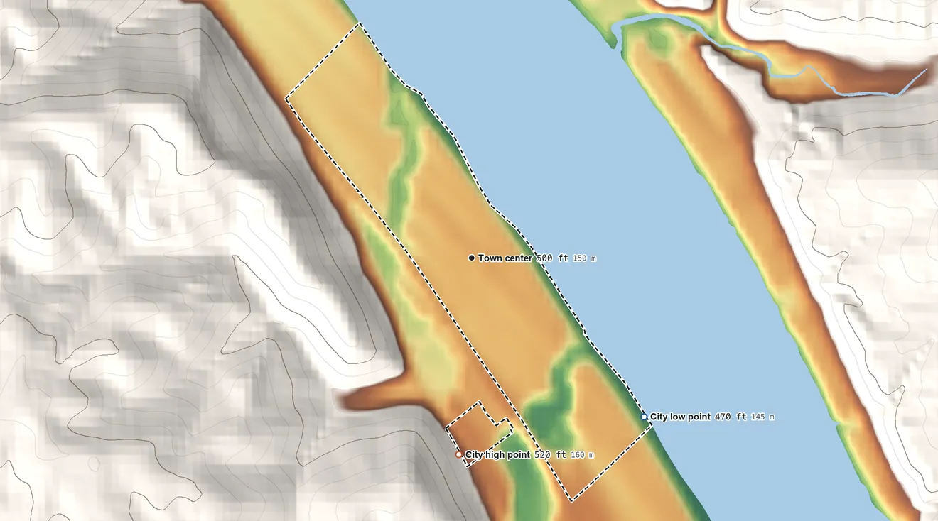 Topographic elevation map of California, Kentucky, shaded from 470 ft on the southeast side to 520 ft on the south edge, below higher ground just outside