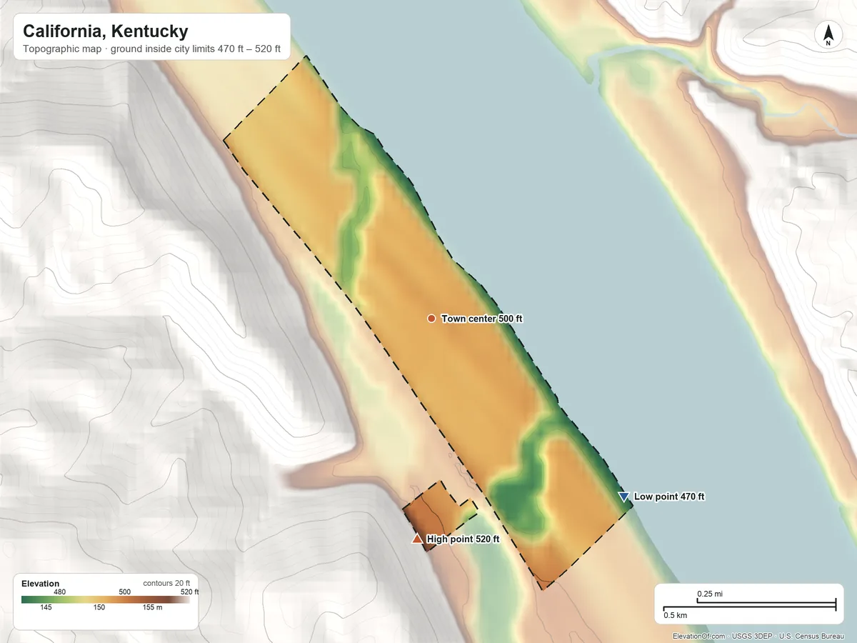 Topographic elevation map of California, Kentucky, shaded from 470 ft on the southeast side to 520 ft on the south edge, below higher ground just outside
