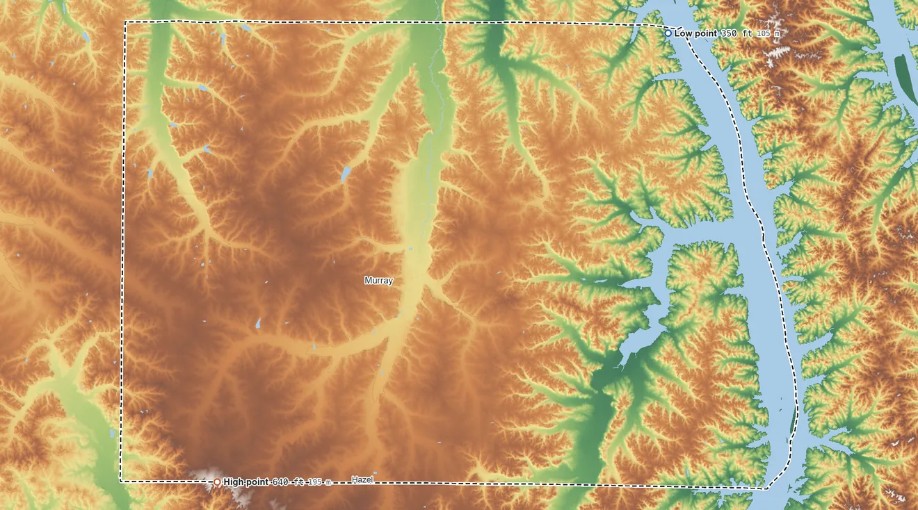 Topographic elevation map of Calloway County, Kentucky, shaded from 350 ft on the northeast side to 640 ft on the southwest side