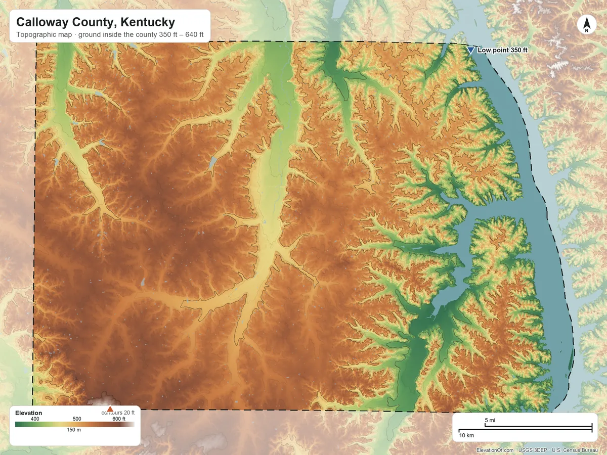 Topographic elevation map of Calloway County, Kentucky, shaded from 350 ft on the northeast side to 640 ft on the southwest side