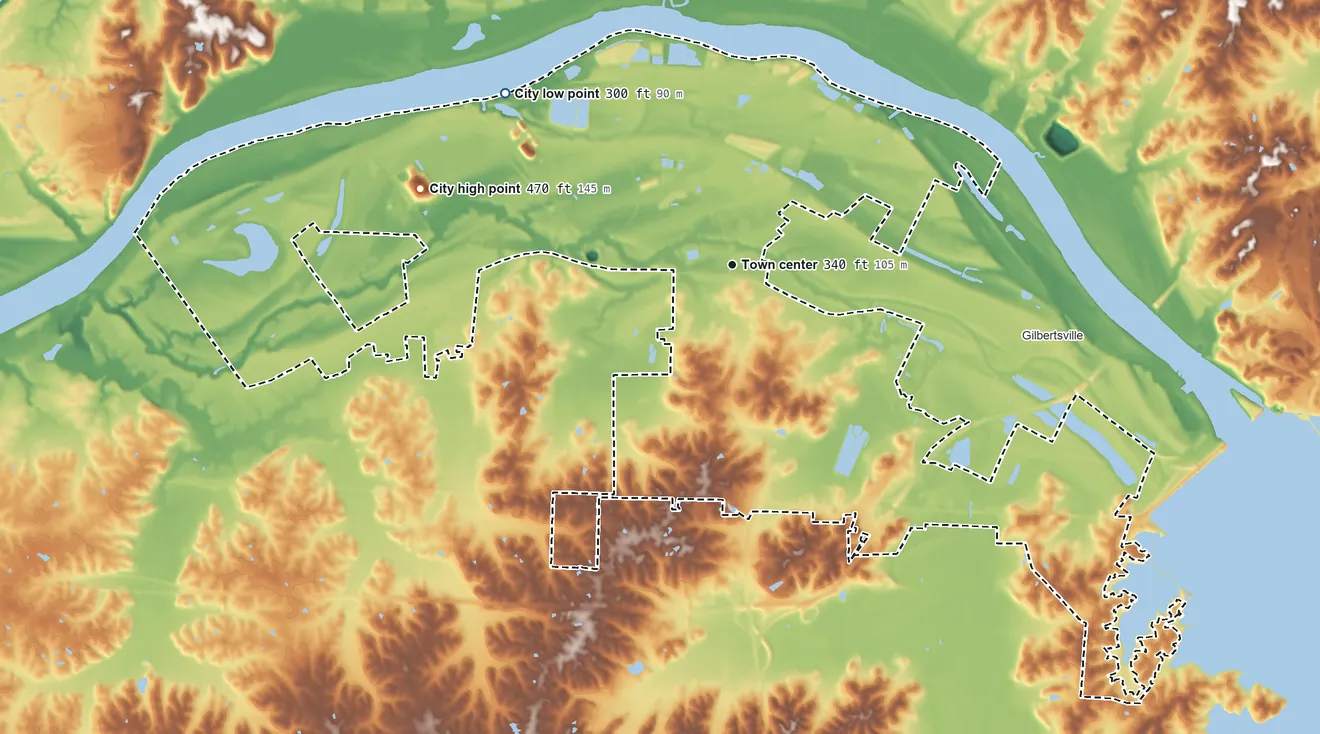 Topographic elevation map of Calvert City, Kentucky, shaded from 300 ft on the northwest side to 470 ft on the west side