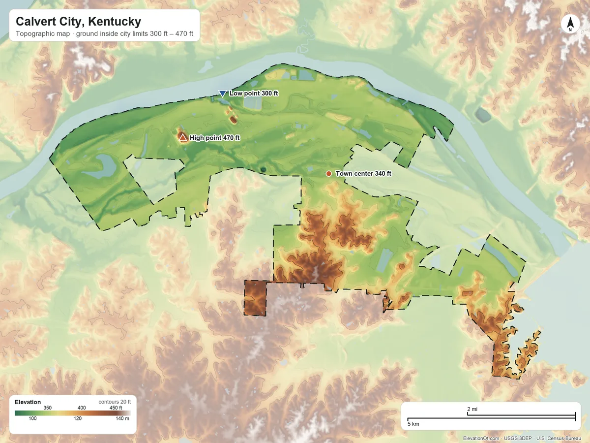 Topographic elevation map of Calvert City, Kentucky, shaded from 300 ft on the northwest side to 470 ft on the west side