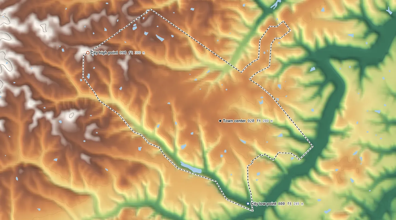 Topographic elevation map of Camargo, Kentucky, shaded from 800 ft on the south side to 990 ft on the northwest side