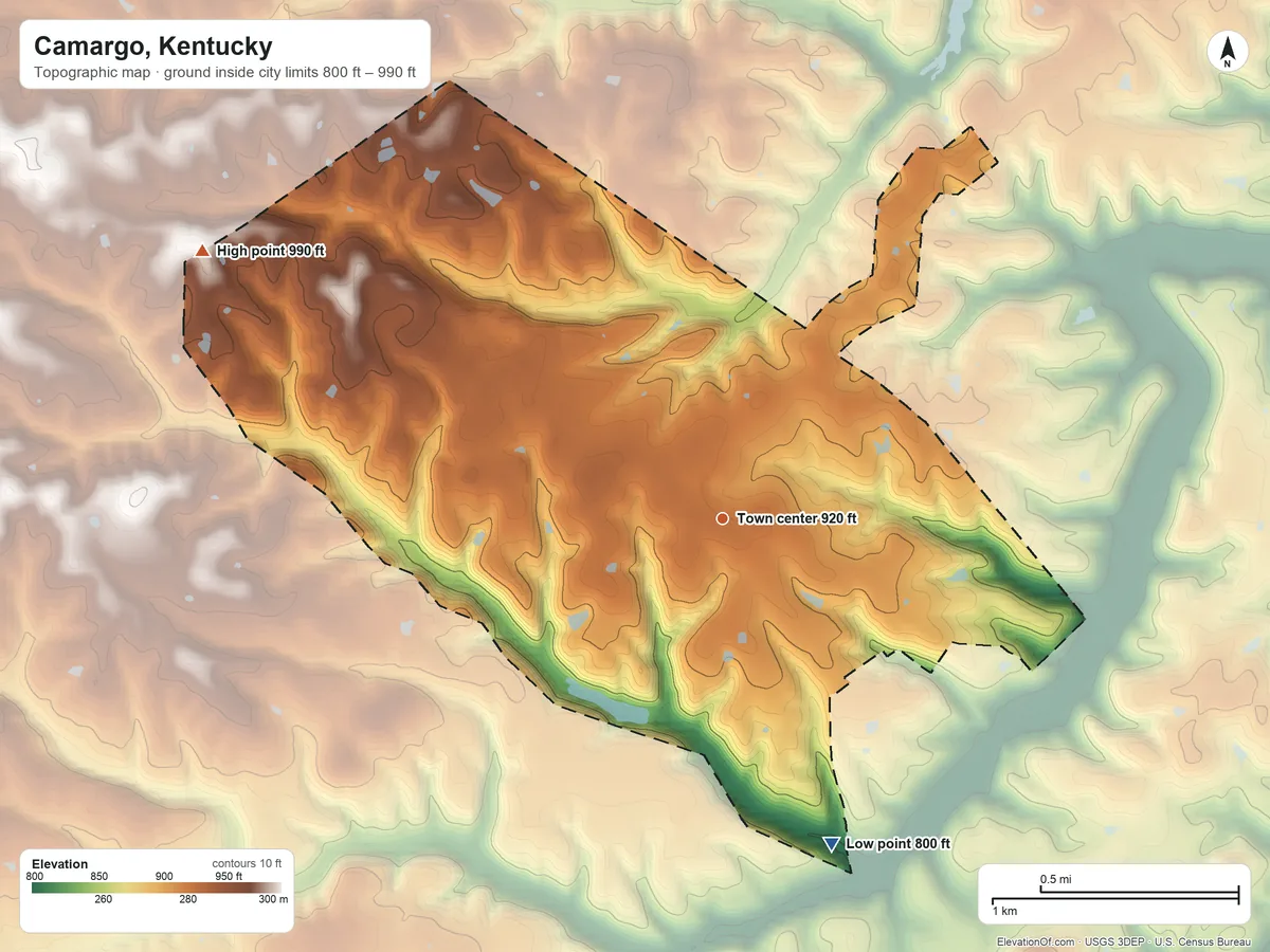 Topographic elevation map of Camargo, Kentucky, shaded from 800 ft on the south side to 990 ft on the northwest side