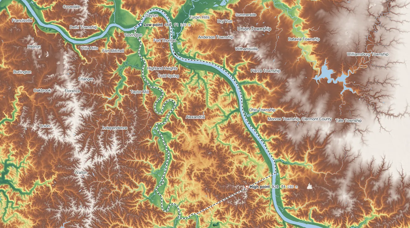 Topographic elevation map of Campbell County, Kentucky, shaded from 460 ft on the northwest side to 920 ft on the southeast side