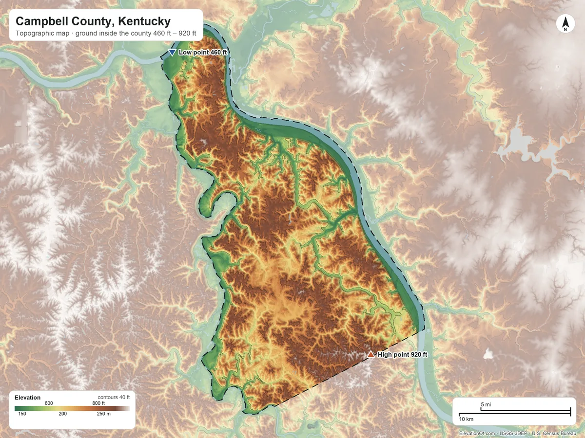 Topographic elevation map of Campbell County, Kentucky, shaded from 460 ft on the northwest side to 920 ft on the southeast side