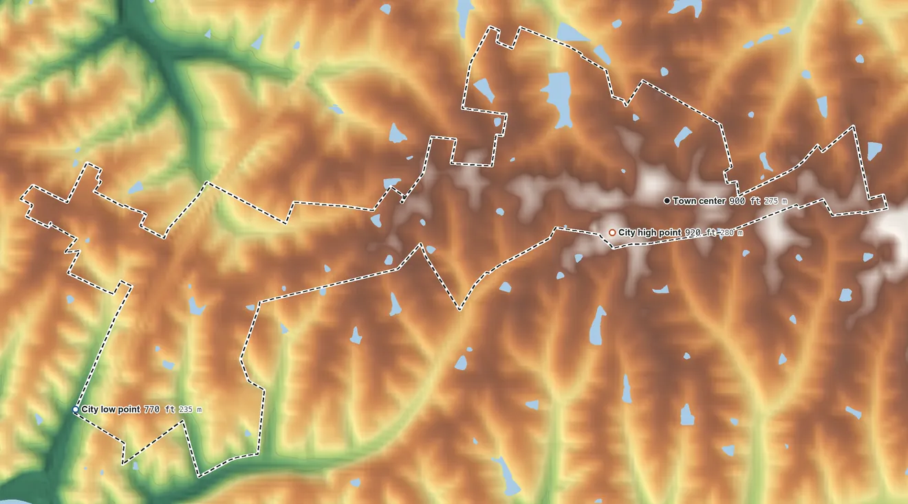 Topographic elevation map of Campbellsburg, Kentucky, shaded from 770 ft on the west side to 920 ft near the middle