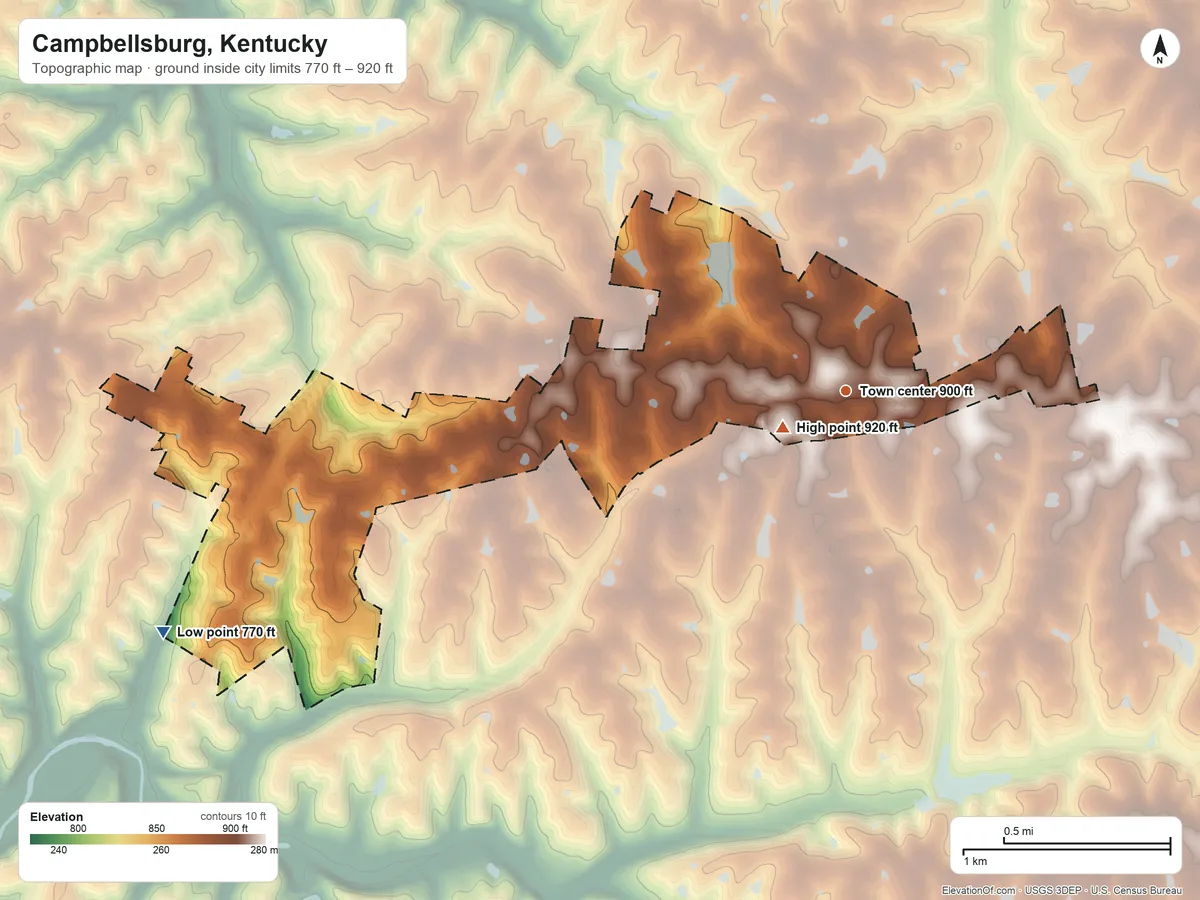 Topographic elevation map of Campbellsburg, Kentucky, shaded from 770 ft on the west side to 920 ft near the middle