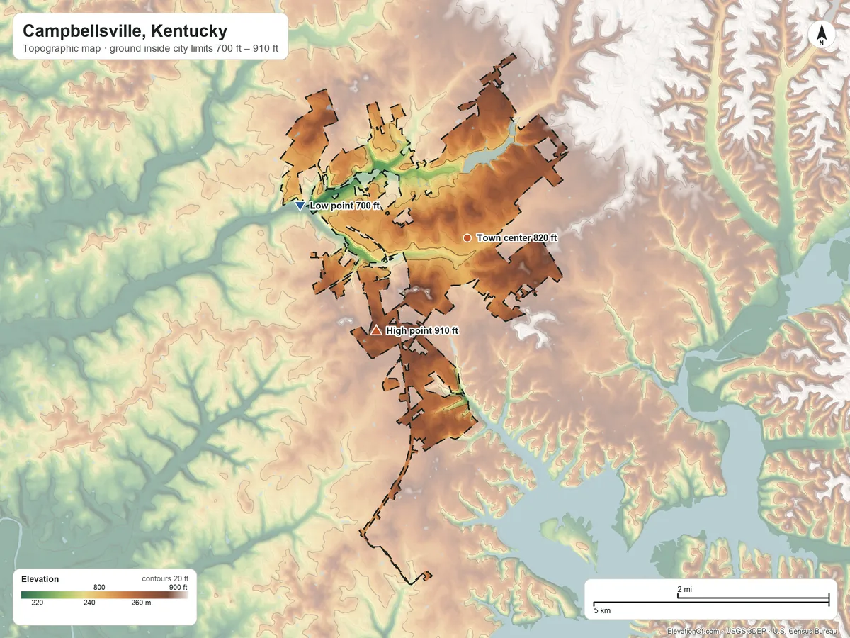 Topographic elevation map of Campbellsville, Kentucky, shaded from 700 ft on the west side to 910 ft on the southwest side