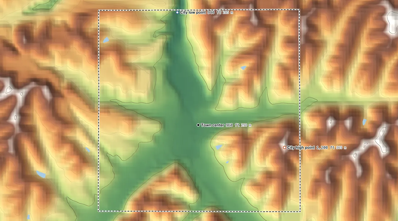 Topographic elevation map of Campton, Kentucky, shaded from 940 ft on the north side to 1,200 ft on the east side