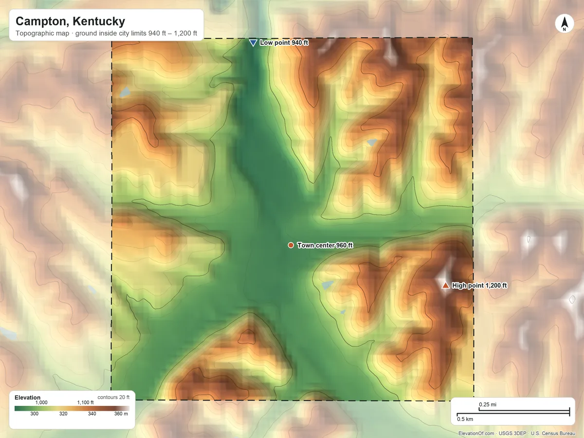 Topographic elevation map of Campton, Kentucky, shaded from 940 ft on the north side to 1,200 ft on the east side
