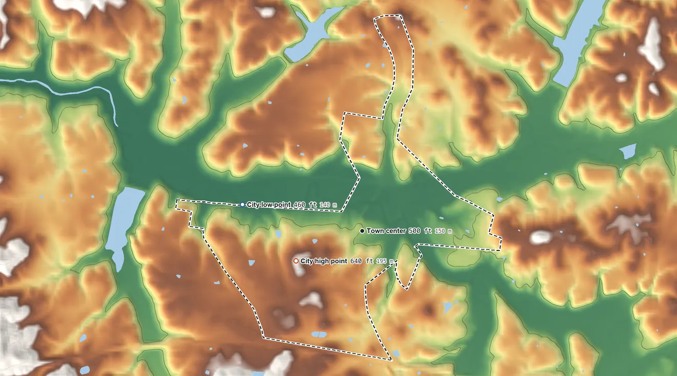 Topographic elevation map of Caneyville, Kentucky, shaded from 460 ft on the west side to 640 ft on the southwest side