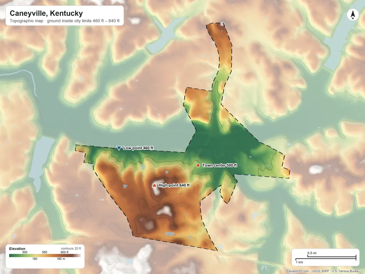 Topographic elevation map of Caneyville, Kentucky, shaded from 460 ft on the west side to 640 ft on the southwest side